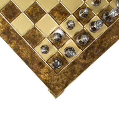 Handcrafted Chess Set, 44x44cm Brass and Pewter finish Chessmen with Brown & Ivory Prearl Elements (Large)