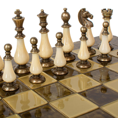 Handcrafted Chess Set, 44x44cm Brass and Pewter finish Chessmen with Brown & Ivory Prearl Elements (Large)