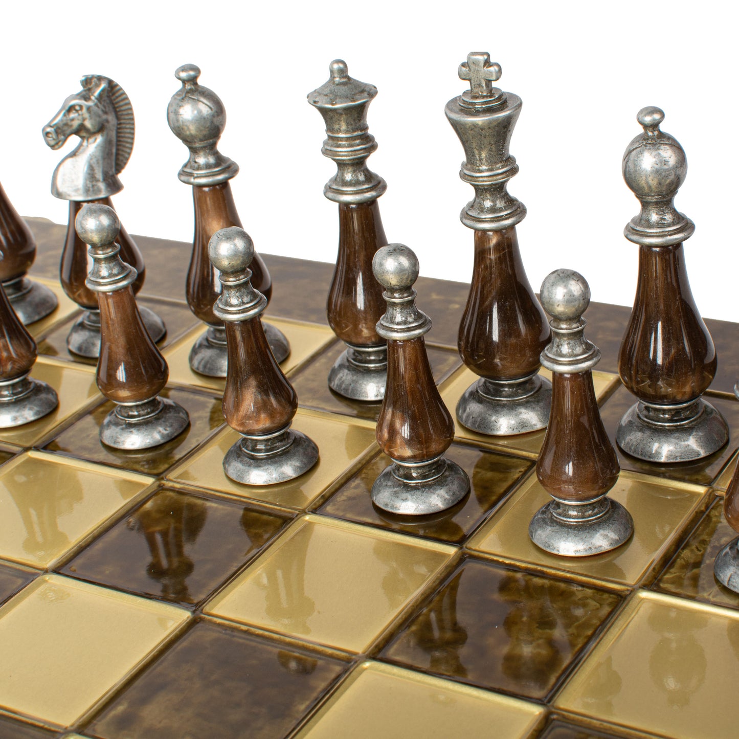 Handcrafted Chess Set, 44x44cm Brass and Pewter finish Chessmen with Brown & Ivory Prearl Elements (Large)