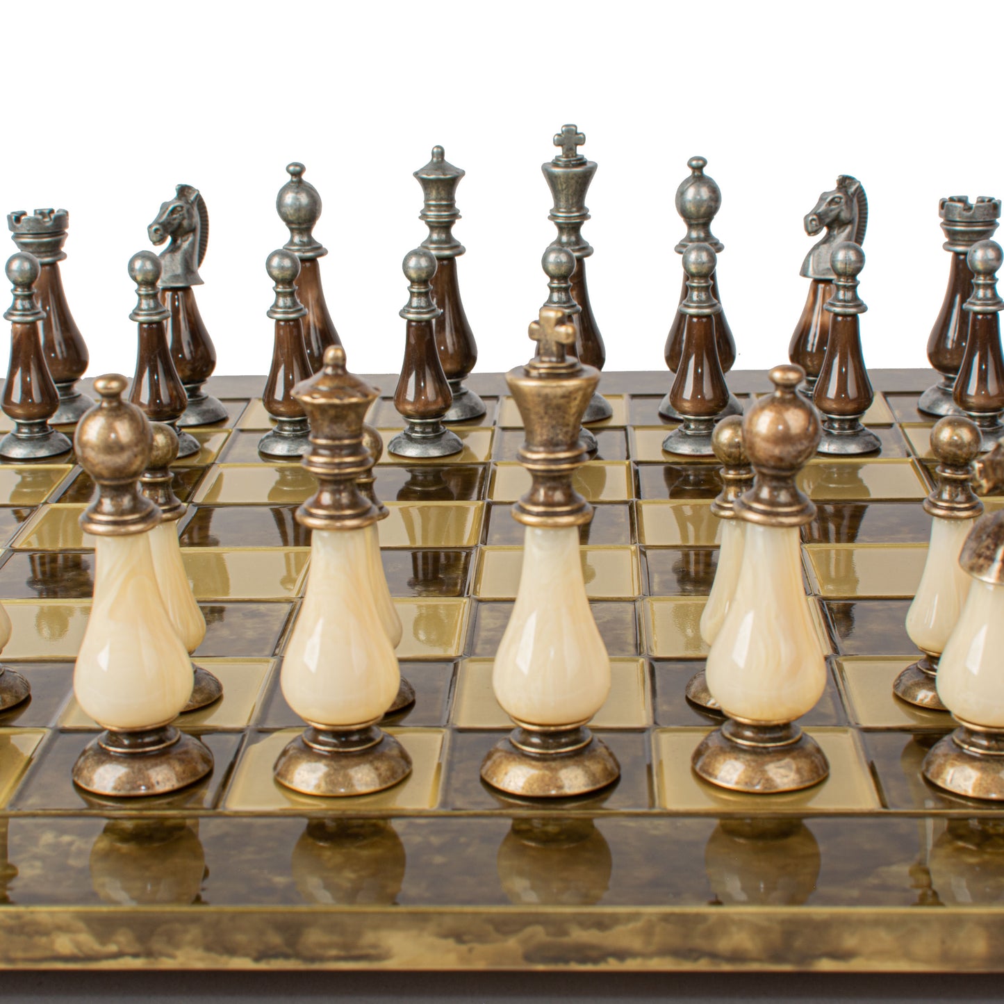 Handcrafted Chess Set, 44x44cm Brass and Pewter finish Chessmen with Brown & Ivory Prearl Elements (Large)
