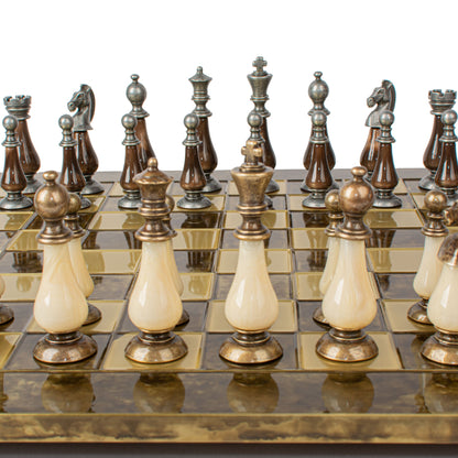 Handcrafted Chess Set, 44x44cm Brass and Pewter finish Chessmen with Brown & Ivory Prearl Elements (Large)