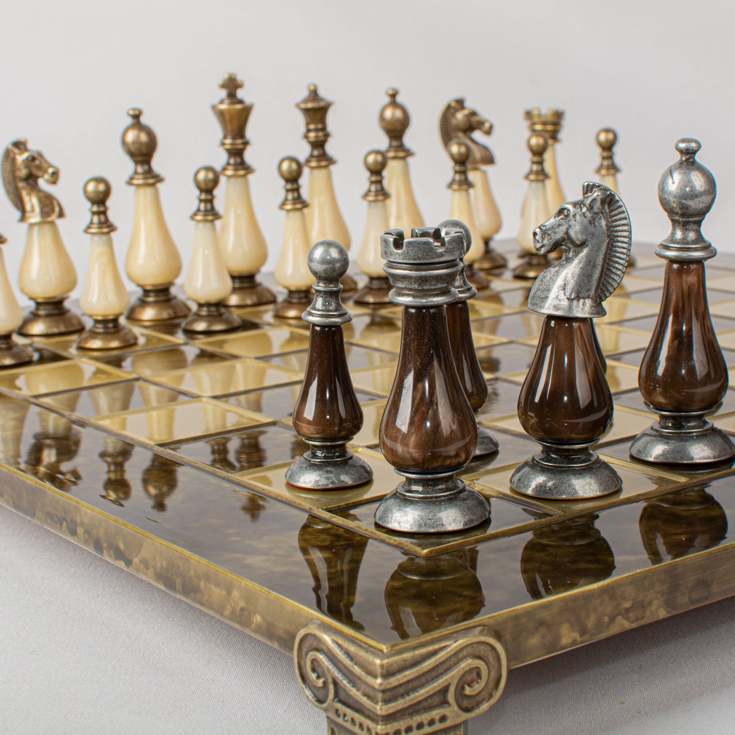 Handcrafted Chess Set, 44x44cm Brass and Pewter finish Chessmen with Brown & Ivory Prearl Elements (Large)