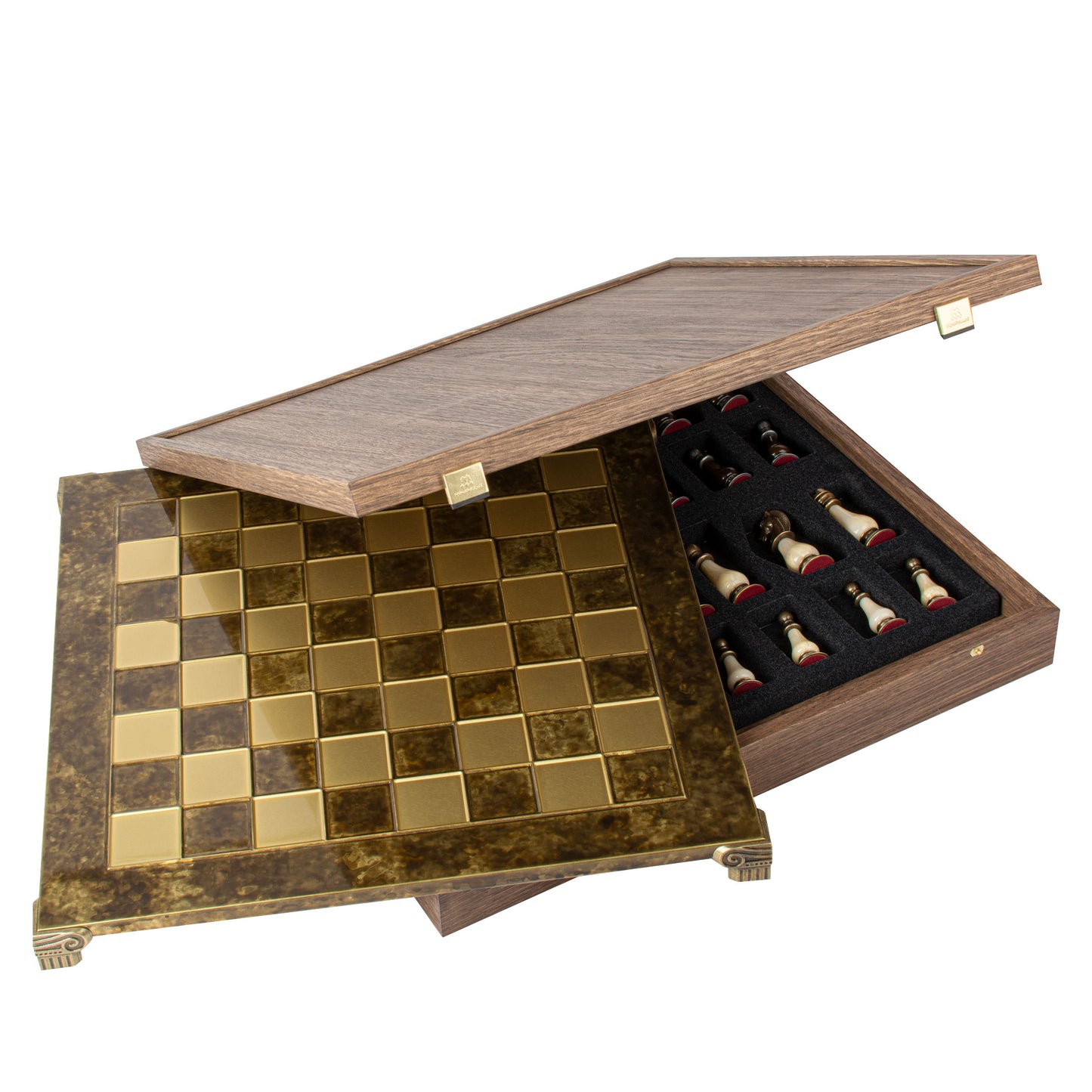 Handcrafted Chess Set, 44x44cm Brass and Pewter finish Chessmen with Brown & Ivory Prearl Elements (Large)
