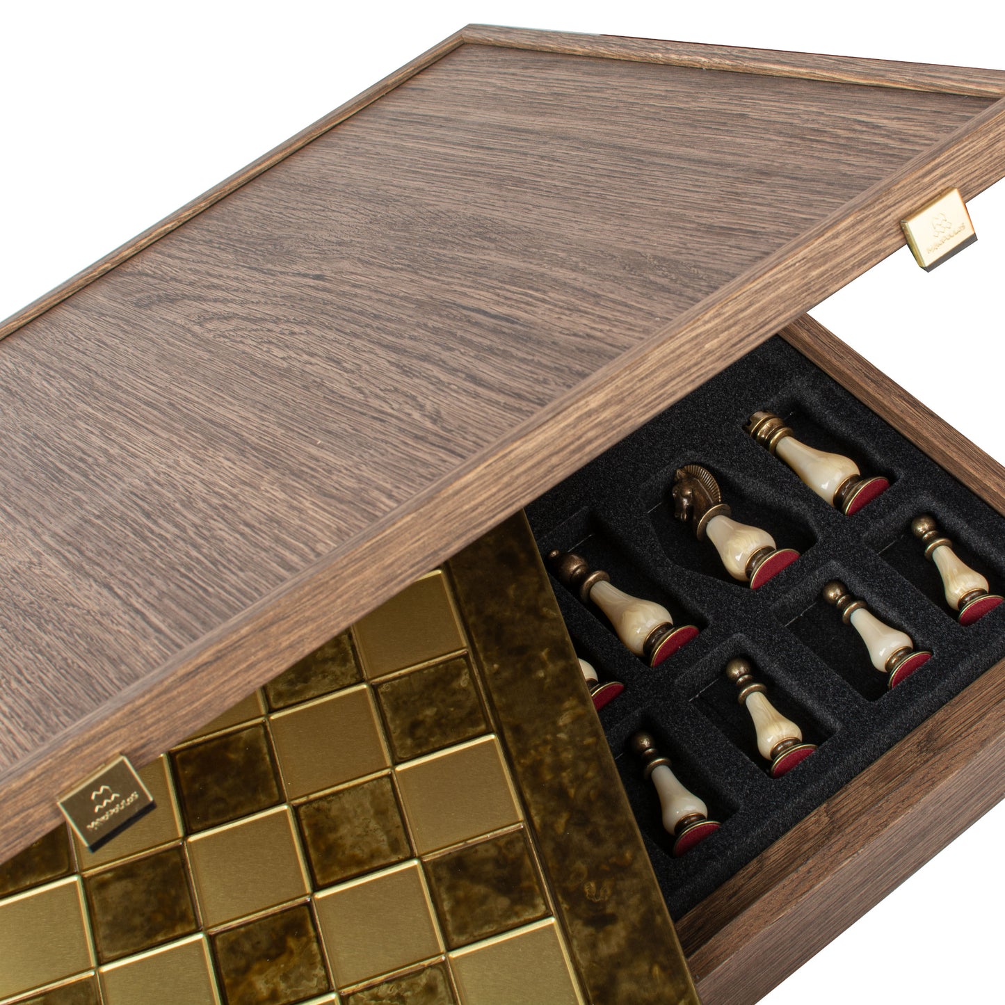 Handcrafted Chess Set, 44x44cm Brass and Pewter finish Chessmen with Brown & Ivory Prearl Elements (Large)