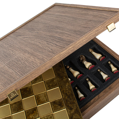 Handcrafted Chess Set, 44x44cm Brass and Pewter finish Chessmen with Brown & Ivory Prearl Elements (Large)
