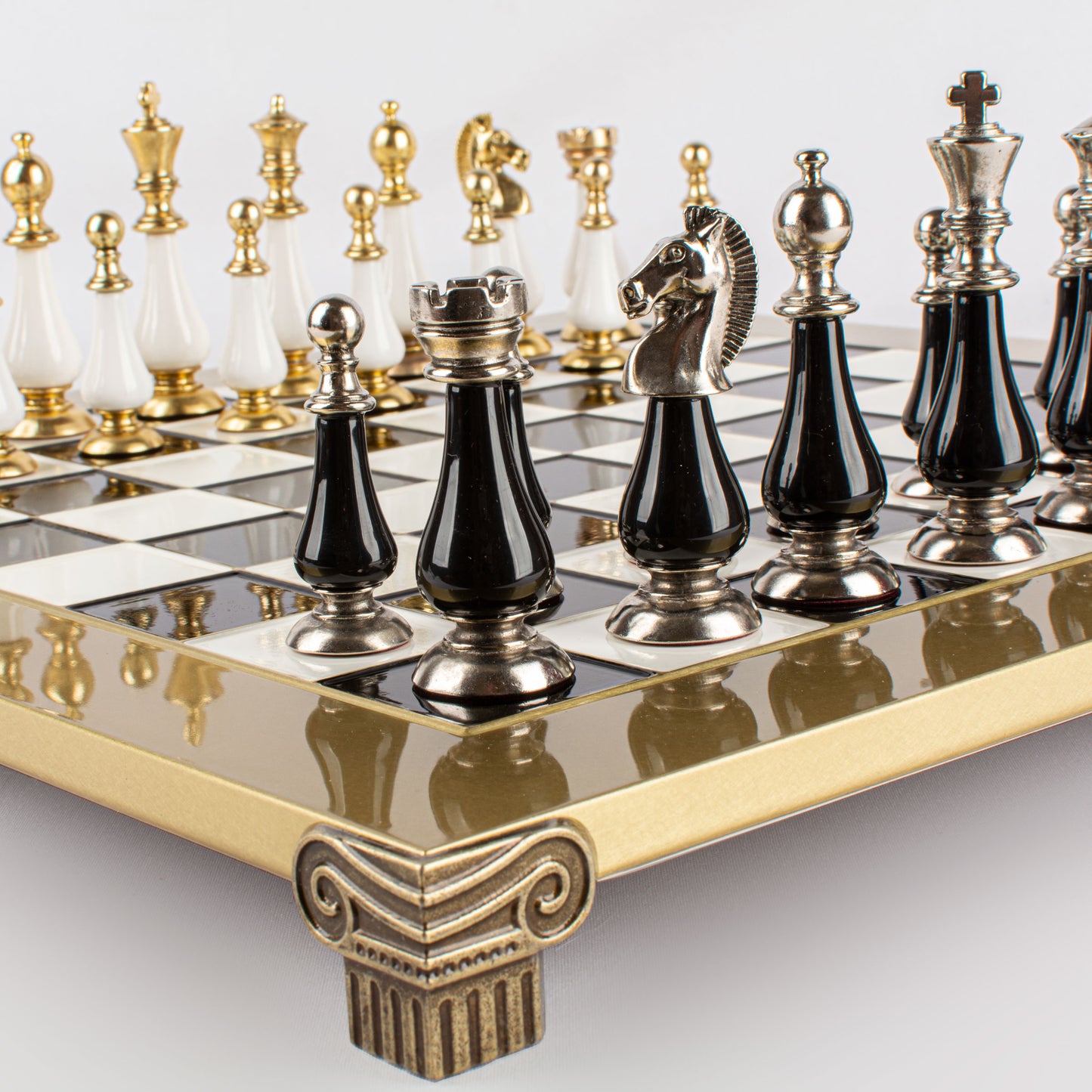 Handcrafted Chess Set, 44x44cm Brass and Pewter finish Chessmen with Brown & Ivory Prearl Elements (Medium)