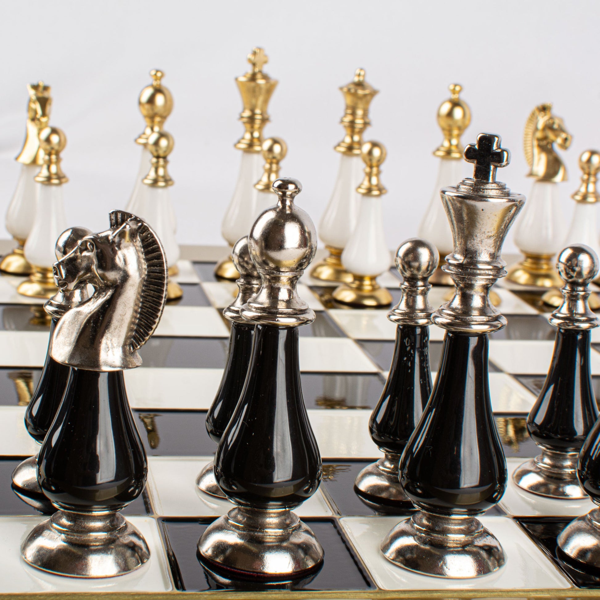 Handcrafted Classic Metal Staunton Chess Set with Pearl Elements, Black & White (Large) - Premium Chess from MANOPOULOS Chess & Backgammon - Just €393! Shop now at MANOPOULOS Chess & Backgammon