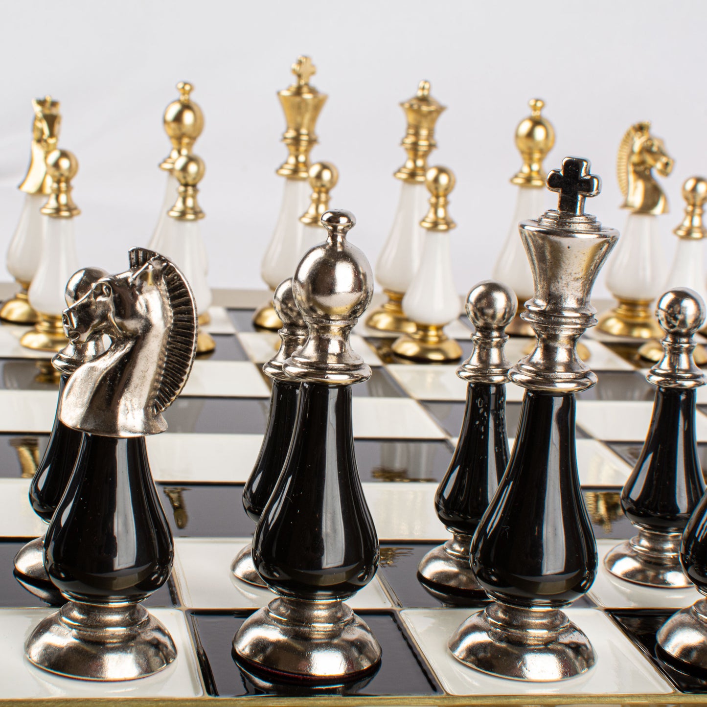 Handcrafted Chess Set, 44x44cm Brass and Pewter finish Chessmen with Brown & Ivory Prearl Elements (Medium)