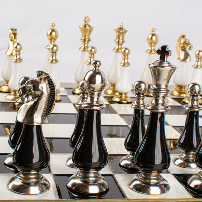 Handcrafted Chess Set, 44x44cm Brass and Pewter finish Chessmen with Brown & Ivory Prearl Elements (Medium)
