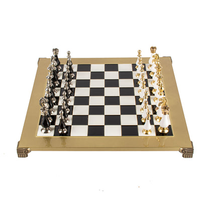 Handcrafted Chess Set, 44x44cm Brass and Pewter finish Chessmen with Brown & Ivory Prearl Elements (Medium)
