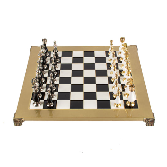 Handcrafted Chess Set, 44x44cm Brass and Pewter finish Chessmen with Brown & Ivory Prearl Elements (Medium)