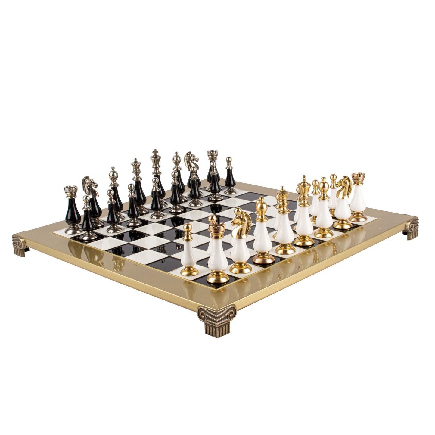 Handcrafted Chess Set, 44x44cm Brass and Pewter finish Chessmen with Brown & Ivory Prearl Elements (Medium)
