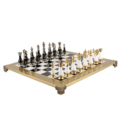 Handcrafted Chess Set, 44x44cm Brass and Pewter finish Chessmen with Brown & Ivory Prearl Elements (Medium)
