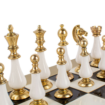Handcrafted Chess Set, 44x44cm Brass and Pewter finish Chessmen with Brown & Ivory Prearl Elements (Medium)