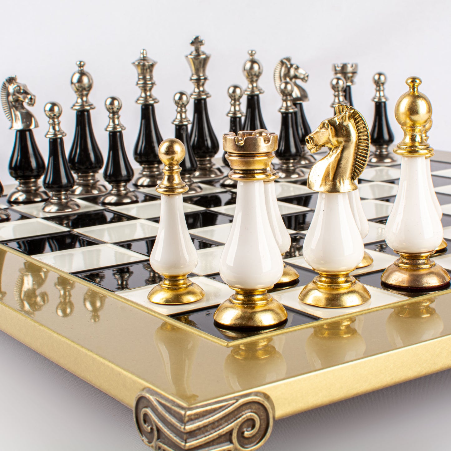 Handcrafted Chess Set, 44x44cm Brass and Pewter finish Chessmen with Brown & Ivory Prearl Elements (Medium)