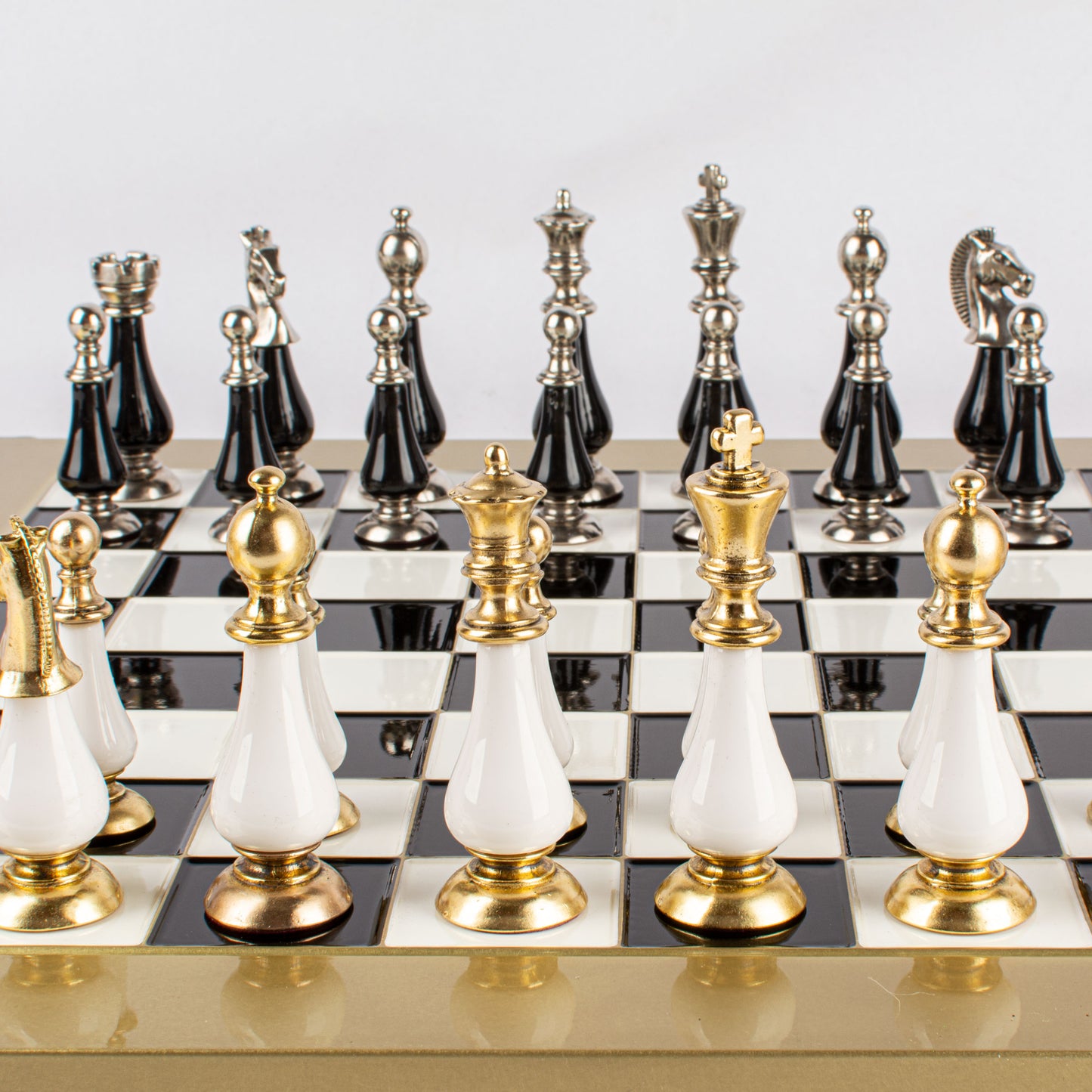 Handcrafted Chess Set, 44x44cm Brass and Pewter finish Chessmen with Brown & Ivory Prearl Elements (Medium)