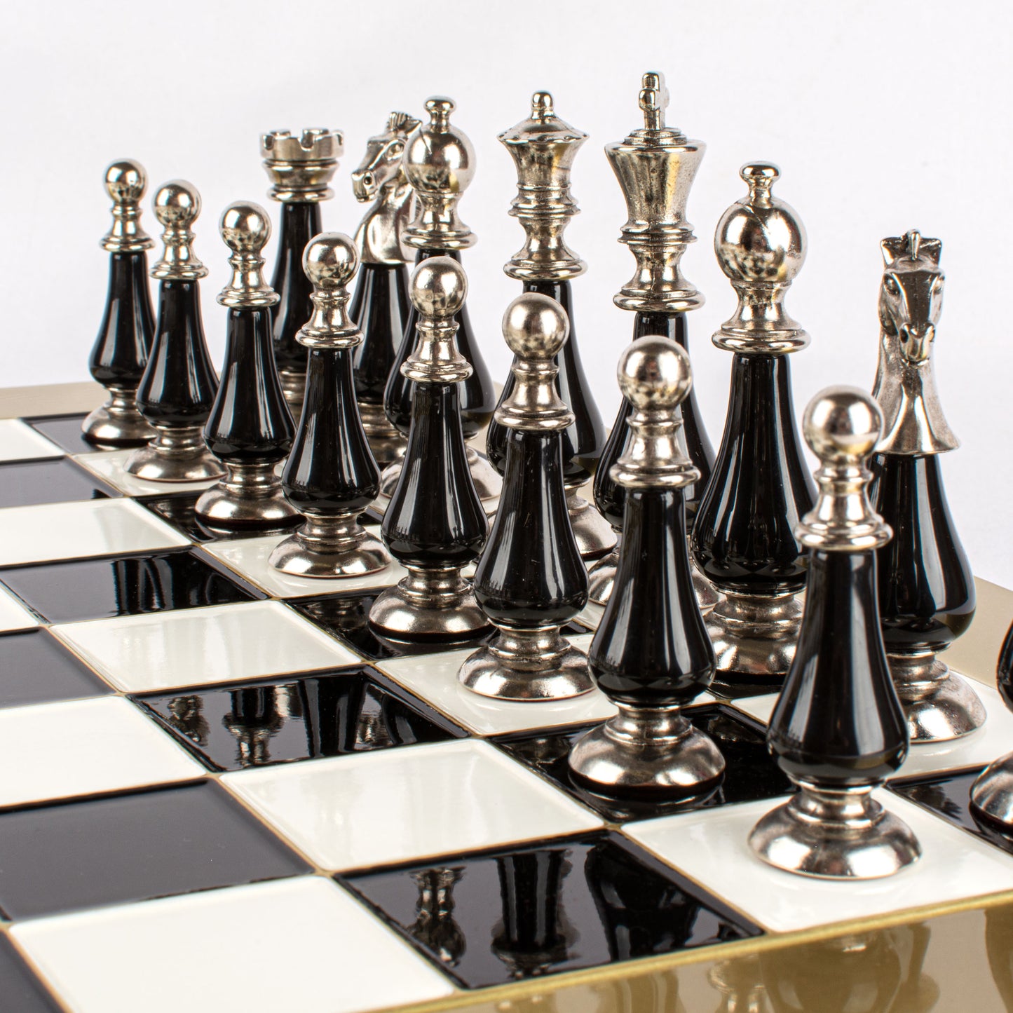 Handcrafted Chess Set, 44x44cm Brass and Pewter finish Chessmen with Brown & Ivory Prearl Elements (Medium)