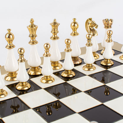 Handcrafted Chess Set, 44x44cm Brass and Pewter finish Chessmen with Brown & Ivory Prearl Elements (Medium)