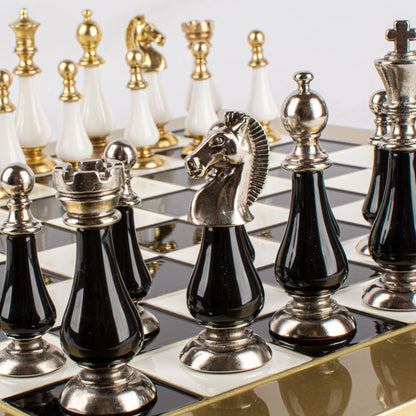 Handcrafted Chess Set, 44x44cm Brass and Pewter finish Chessmen with Brown & Ivory Prearl Elements (Medium)