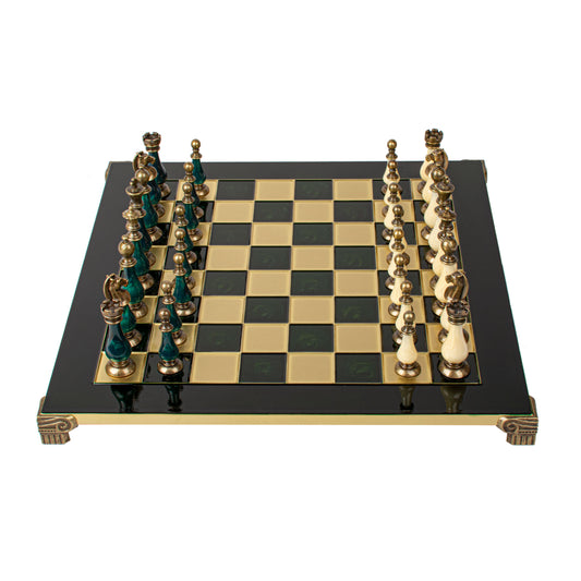 Handcrafted Chess Set, 44x44cm Brass and Pewter finish Chessmen with Green & Ivory Prearl Elements (Medium) (Copy)