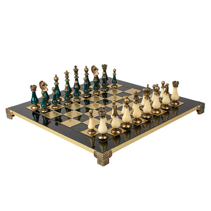 Handcrafted Chess Set, 44x44cm Brass and Pewter finish Chessmen with Green & Ivory Prearl Elements (Medium) (Copy)
