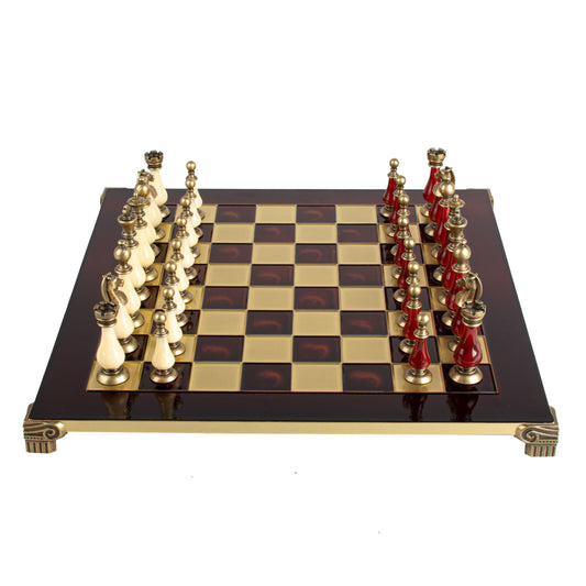 Handcrafted Chess Set, 44x44cm Brass and Pewter finish Chessmen with Red & Ivory Prearl Elements (Medium) (Copy)