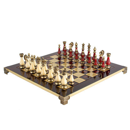 Handcrafted Chess Set, 44x44cm Brass and Pewter finish Chessmen with Red & Ivory Prearl Elements (Medium) (Copy)