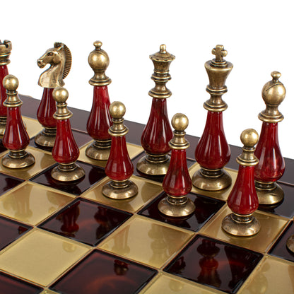 Handcrafted Chess Set, 44x44cm Brass and Pewter finish Chessmen with Red & Ivory Prearl Elements (Medium) (Copy)
