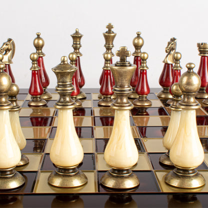 Handcrafted Chess Set, 44x44cm Brass and Pewter finish Chessmen with Red & Ivory Prearl Elements (Medium) (Copy)
