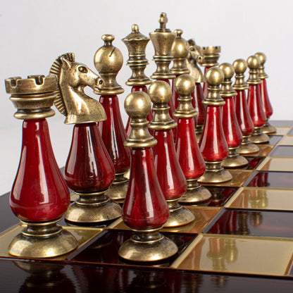 Handcrafted Chess Set, 44x44cm Brass and Pewter finish Chessmen with Red & Ivory Prearl Elements (Medium) (Copy)