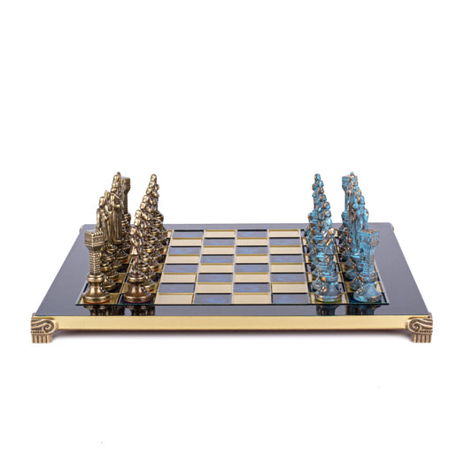 RENAISSANCE CHESS SET with blue/brown chessmen and bronze chessboard 36 x 36cm (Medium) - Premium Chess from MANOPOULOS Chess & Backgammon - Just €210! Shop now at MANOPOULOS Chess & Backgammon