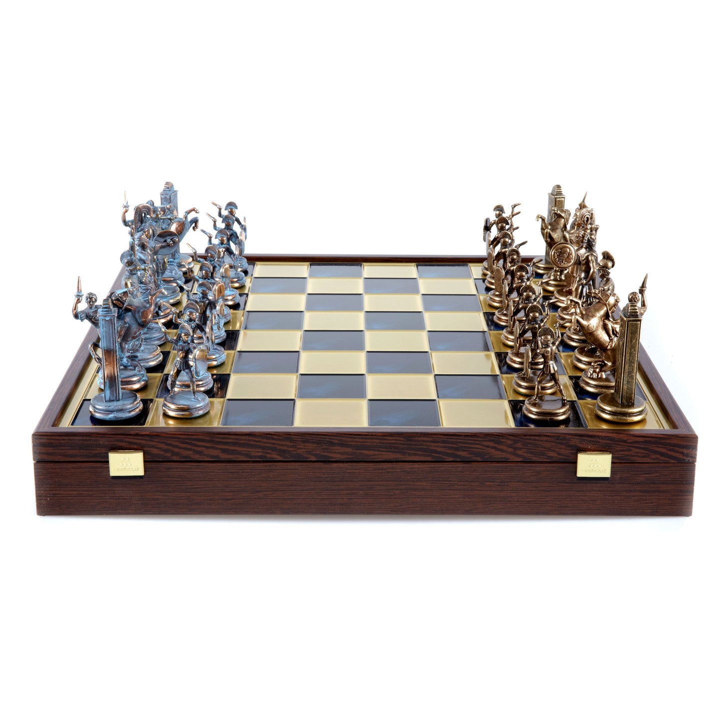 GREEK MYTHOLOGY CHESS SET in wooden box with blue/brown chessmen and bronze chessboard 48 x 48cm (Extra Large) - Premium Chess from MANOPOULOS Chess & Backgammon - Just €469! Shop now at MANOPOULOS Chess & Backgammon