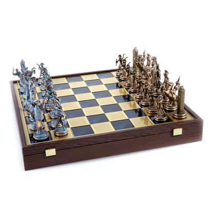 GREEK MYTHOLOGY CHESS SET in wooden box with blue/brown chessmen and bronze chessboard 48 x 48cm (Extra Large) - Premium Chess from MANOPOULOS Chess & Backgammon - Just €469! Shop now at MANOPOULOS Chess & Backgammon