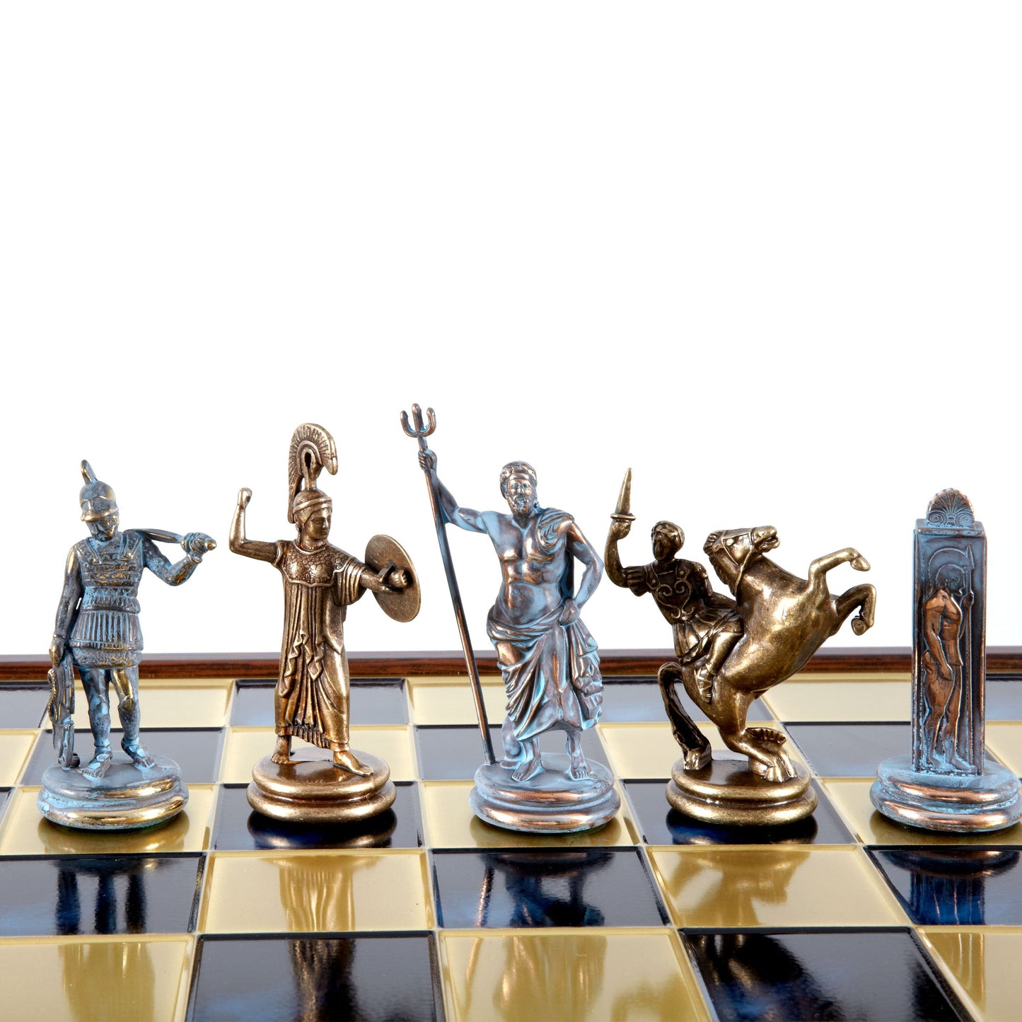 GREEK MYTHOLOGY CHESS SET in wooden box with blue/brown chessmen and bronze chessboard 48 x 48cm (Extra Large) - Premium Chess from MANOPOULOS Chess & Backgammon - Just €469! Shop now at MANOPOULOS Chess & Backgammon