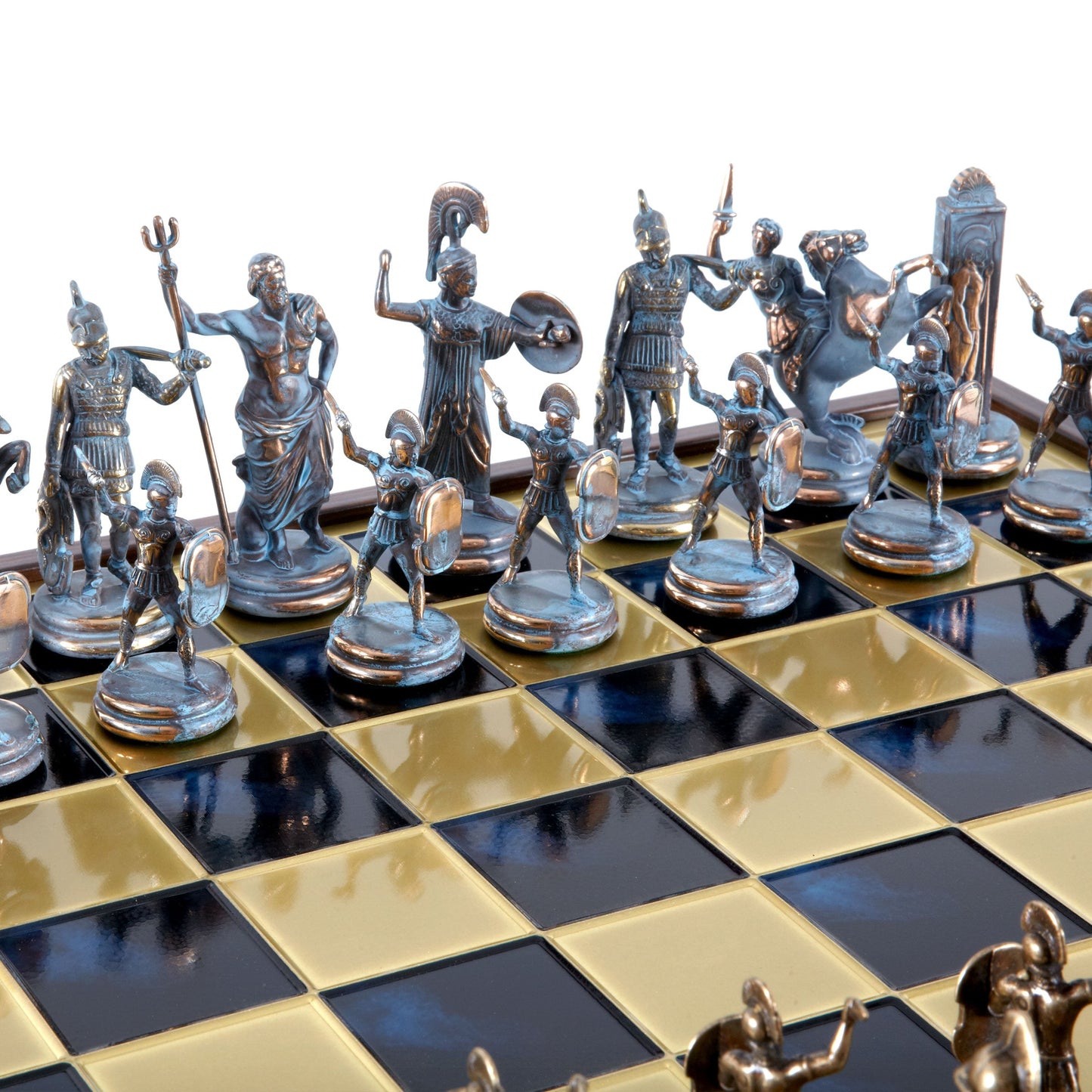 GREEK MYTHOLOGY CHESS SET in wooden box with blue/brown chessmen and bronze chessboard 48 x 48cm (Extra Large) - Premium Chess from MANOPOULOS Chess & Backgammon - Just €469! Shop now at MANOPOULOS Chess & Backgammon