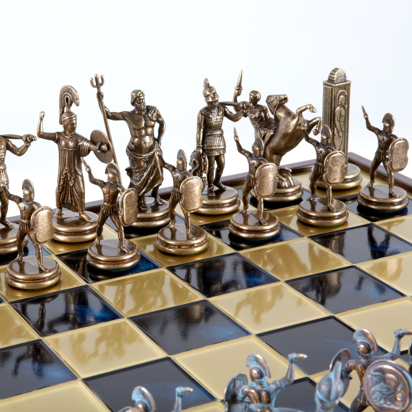 GREEK MYTHOLOGY CHESS SET in wooden box with blue/brown chessmen and bronze chessboard 48 x 48cm (Extra Large) - Premium Chess from MANOPOULOS Chess & Backgammon - Just €469! Shop now at MANOPOULOS Chess & Backgammon