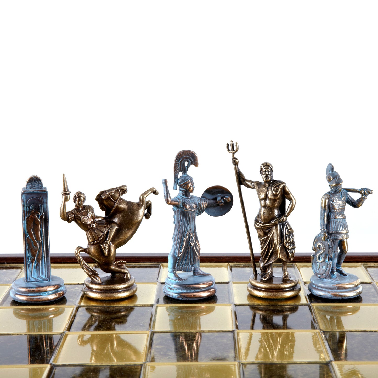 GREEK MYTHOLOGY CHESS SET in wooden box with blue/brown chessmen and bronze chessboard 48 x 48cm (Extra Large) - Premium Chess from MANOPOULOS Chess & Backgammon - Just €469! Shop now at MANOPOULOS Chess & Backgammon