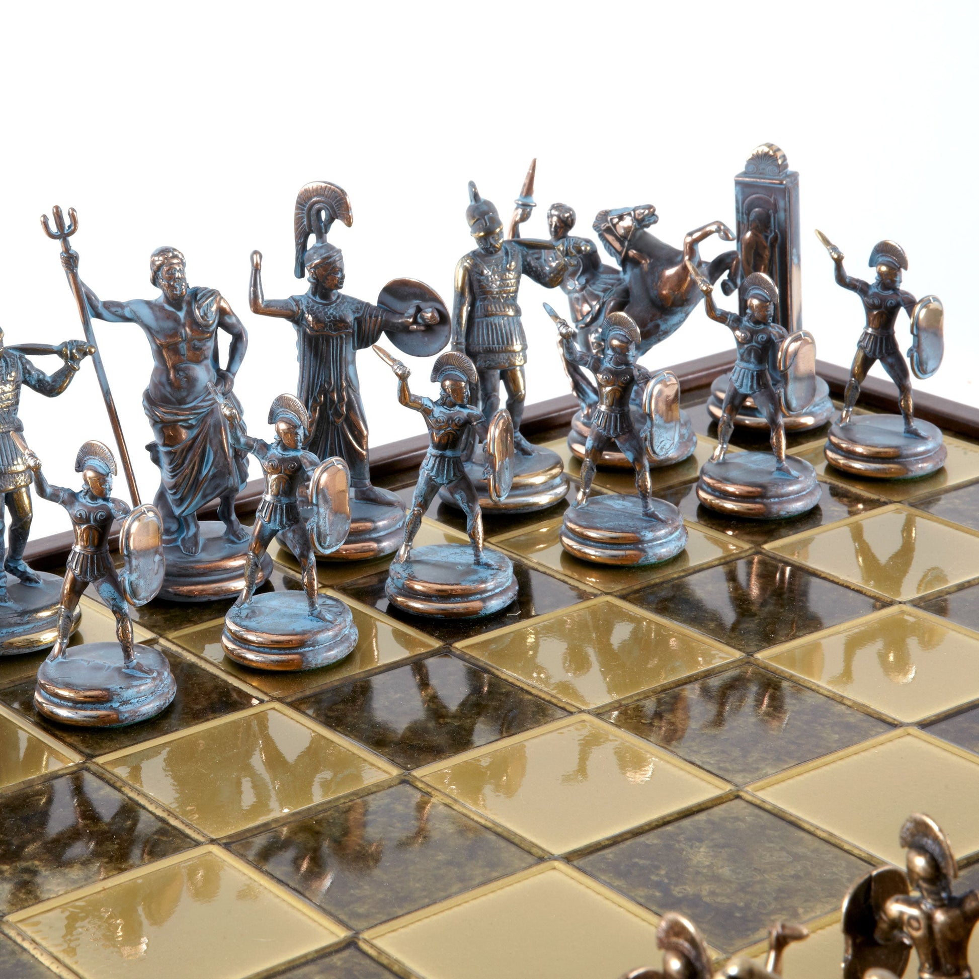 GREEK MYTHOLOGY CHESS SET in wooden box with blue/brown chessmen and bronze chessboard 48 x 48cm (Extra Large) - Premium Chess from MANOPOULOS Chess & Backgammon - Just €469! Shop now at MANOPOULOS Chess & Backgammon