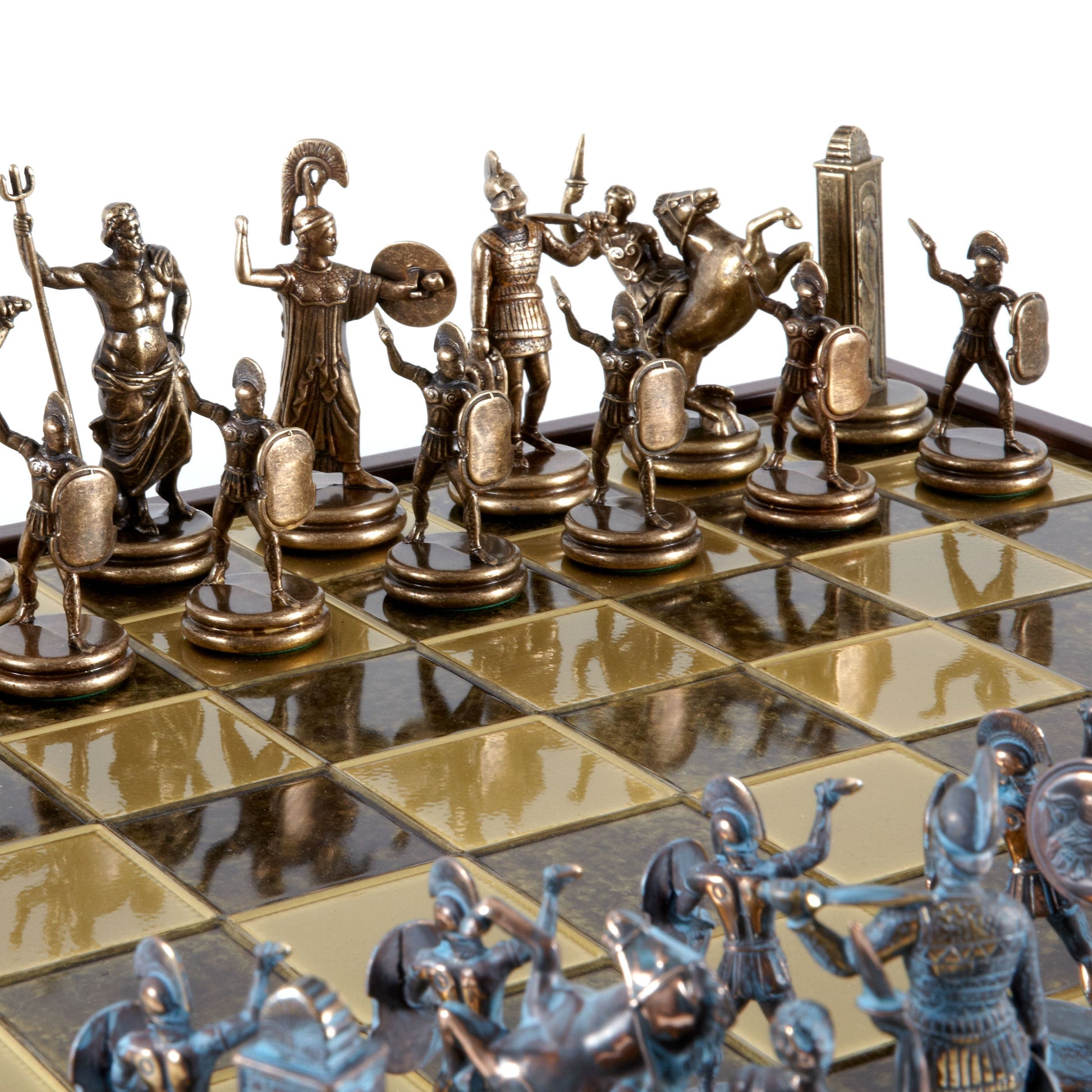 GREEK MYTHOLOGY CHESS SET in wooden box with blue/brown chessmen and bronze chessboard 48 x 48cm (Extra Large) - Premium Chess from MANOPOULOS Chess & Backgammon - Just €469! Shop now at MANOPOULOS Chess & Backgammon