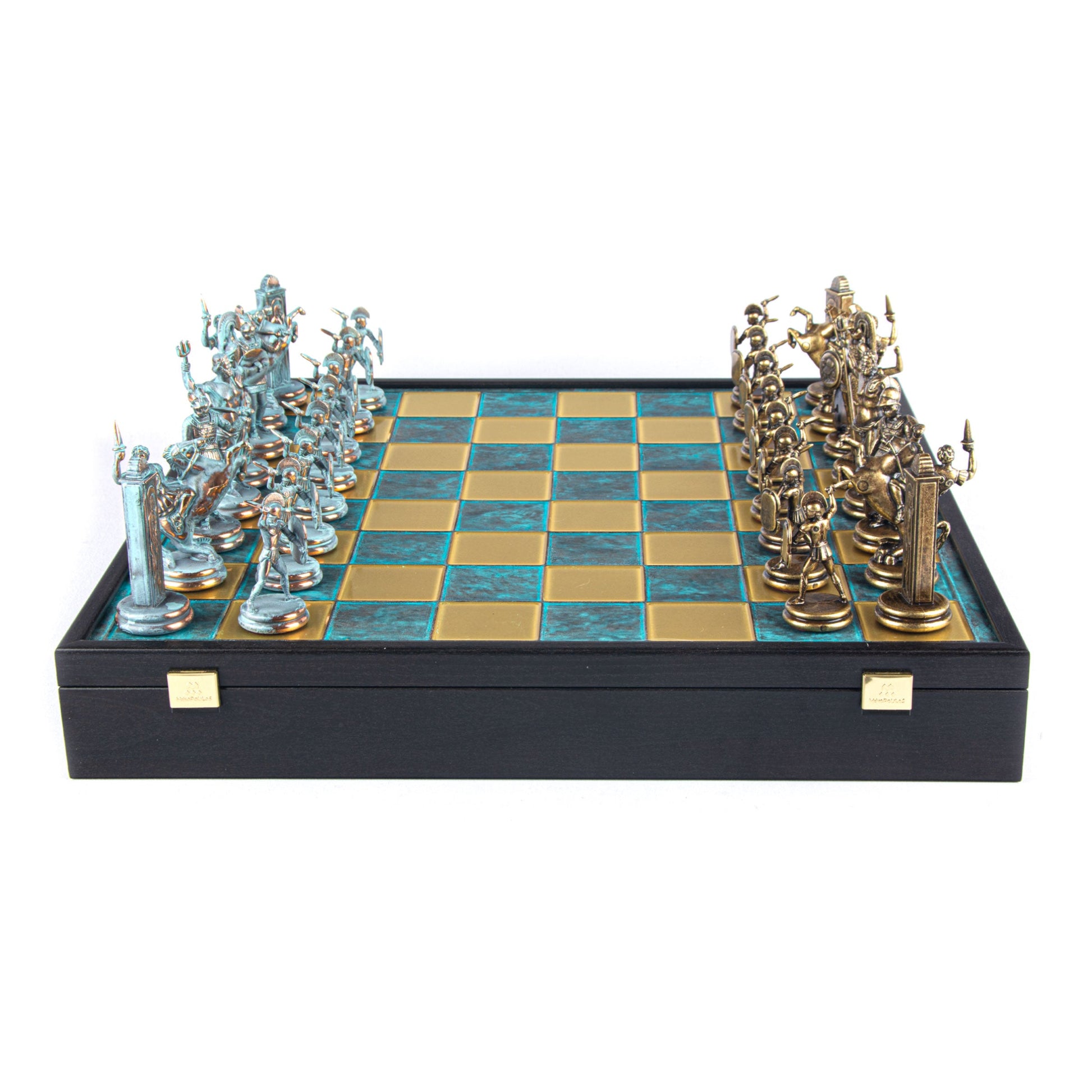 GREEK MYTHOLOGY CHESS SET in wooden box with blue/brown chessmen and bronze chessboard 48 x 48cm (Extra Large) - Premium Chess from MANOPOULOS Chess & Backgammon - Just €469! Shop now at MANOPOULOS Chess & Backgammon