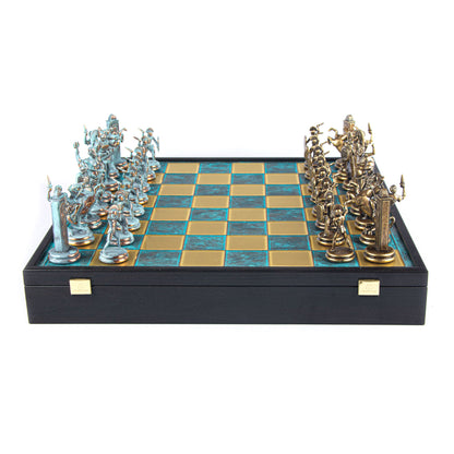 GREEK MYTHOLOGY CHESS SET in wooden box with blue/brown chessmen and bronze chessboard 48 x 48cm (Extra Large) - Premium Chess from MANOPOULOS Chess & Backgammon - Just €469! Shop now at MANOPOULOS Chess & Backgammon