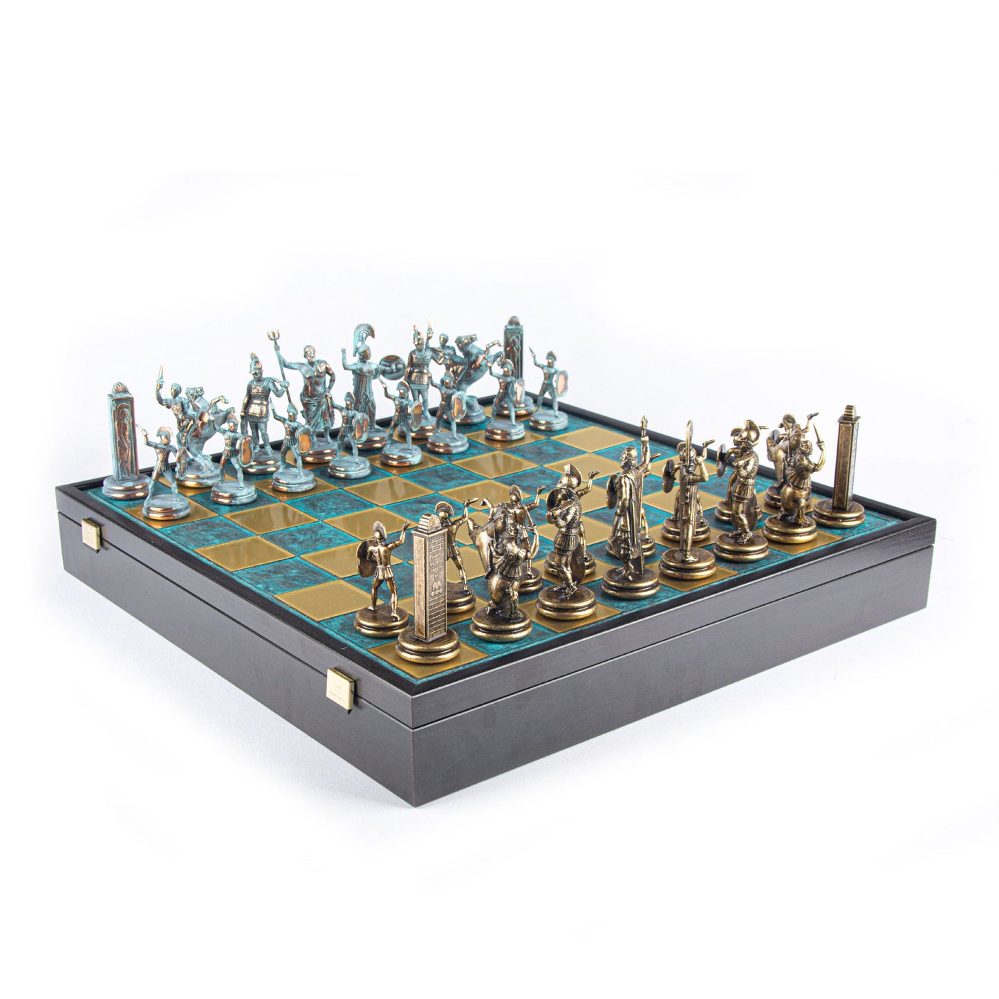 GREEK MYTHOLOGY CHESS SET in wooden box with blue/brown chessmen and bronze chessboard 48 x 48cm (Extra Large) - Premium Chess from MANOPOULOS Chess & Backgammon - Just €469! Shop now at MANOPOULOS Chess & Backgammon