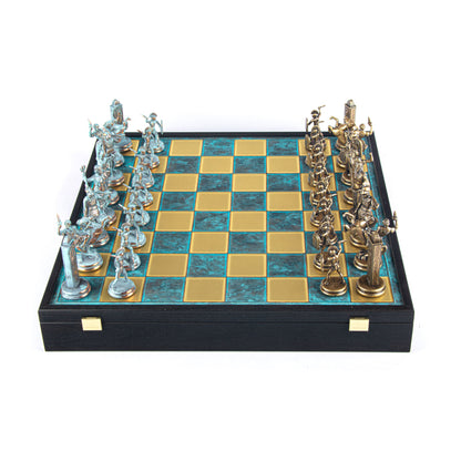 GREEK MYTHOLOGY CHESS SET in wooden box with blue/brown chessmen and bronze chessboard 48 x 48cm (Extra Large) - Premium Chess from MANOPOULOS Chess & Backgammon - Just €469! Shop now at MANOPOULOS Chess & Backgammon