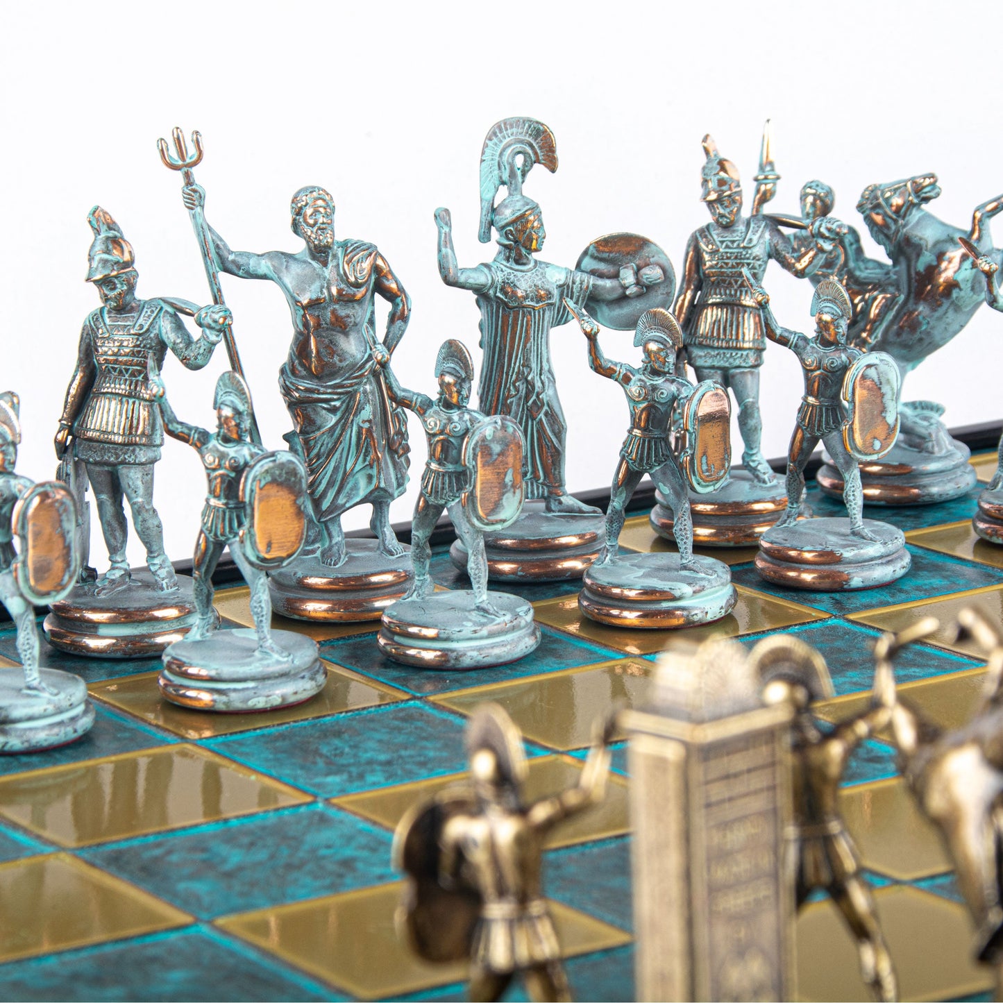 GREEK MYTHOLOGY CHESS SET in wooden box with blue/brown chessmen and bronze chessboard 48 x 48cm (Extra Large) - Premium Chess from MANOPOULOS Chess & Backgammon - Just €469! Shop now at MANOPOULOS Chess & Backgammon