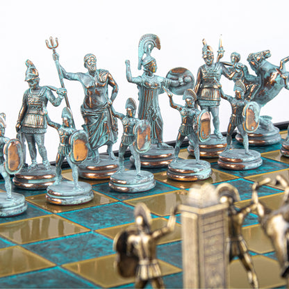 GREEK MYTHOLOGY CHESS SET in wooden box with blue/brown chessmen and bronze chessboard 48 x 48cm (Extra Large) - Premium Chess from MANOPOULOS Chess & Backgammon - Just €469! Shop now at MANOPOULOS Chess & Backgammon