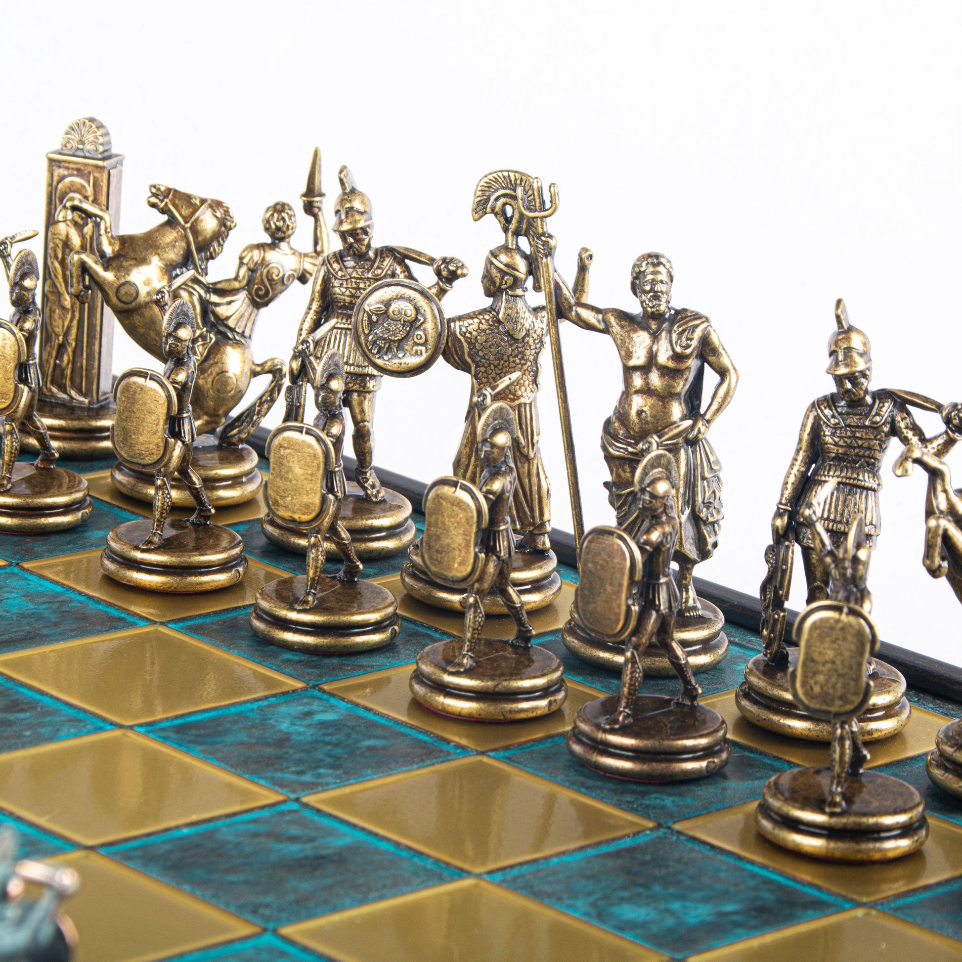 GREEK MYTHOLOGY CHESS SET in wooden box with blue/brown chessmen and bronze chessboard 48 x 48cm (Extra Large) - Premium Chess from MANOPOULOS Chess & Backgammon - Just €469! Shop now at MANOPOULOS Chess & Backgammon