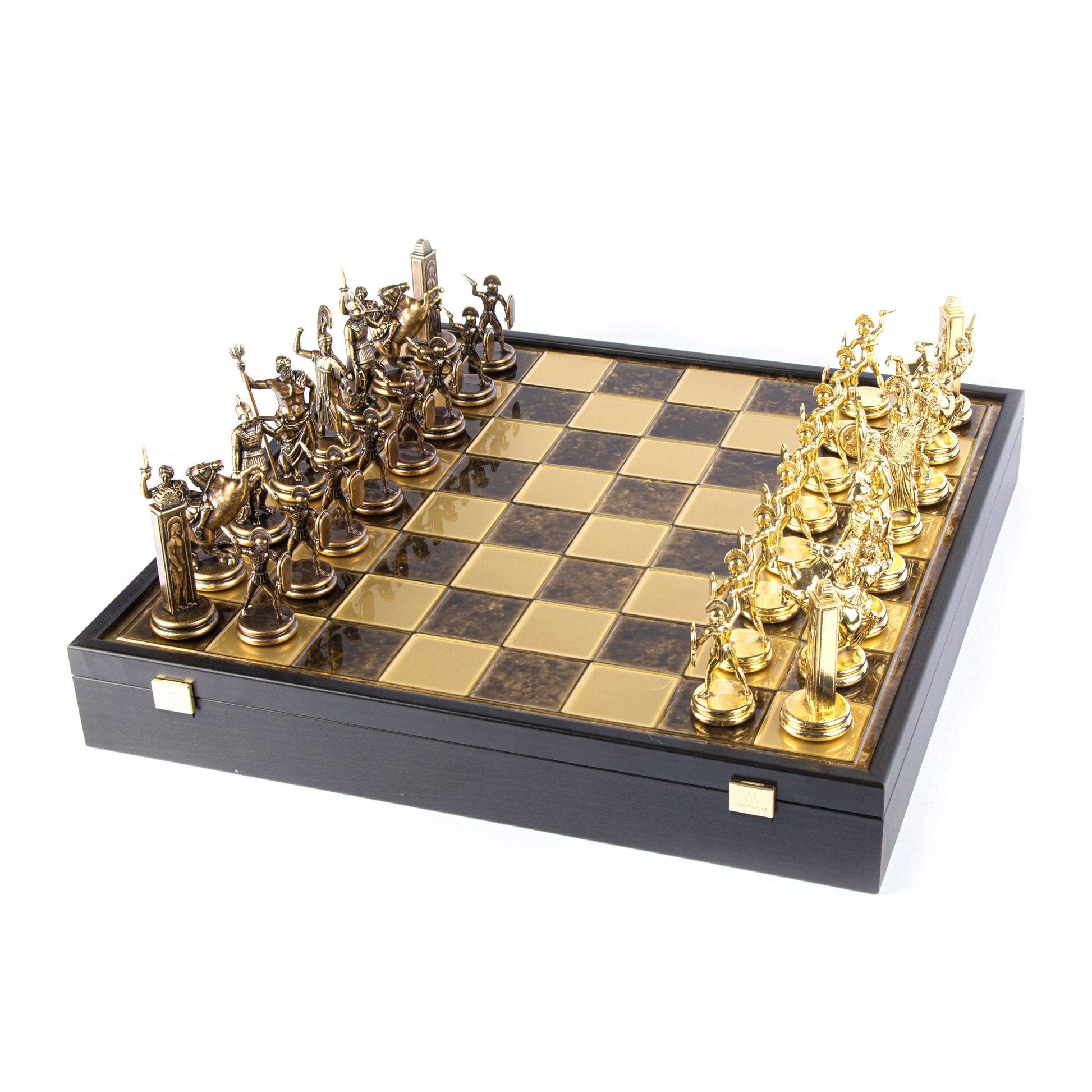 GREEK MYTHOLOGY CHESS SET in wooden box with gold/brown chessmen and bronze chessboard 48 x 48cm (Extra Large) - Premium Chess from MANOPOULOS Chess & Backgammon - Just €469! Shop now at MANOPOULOS Chess & Backgammon