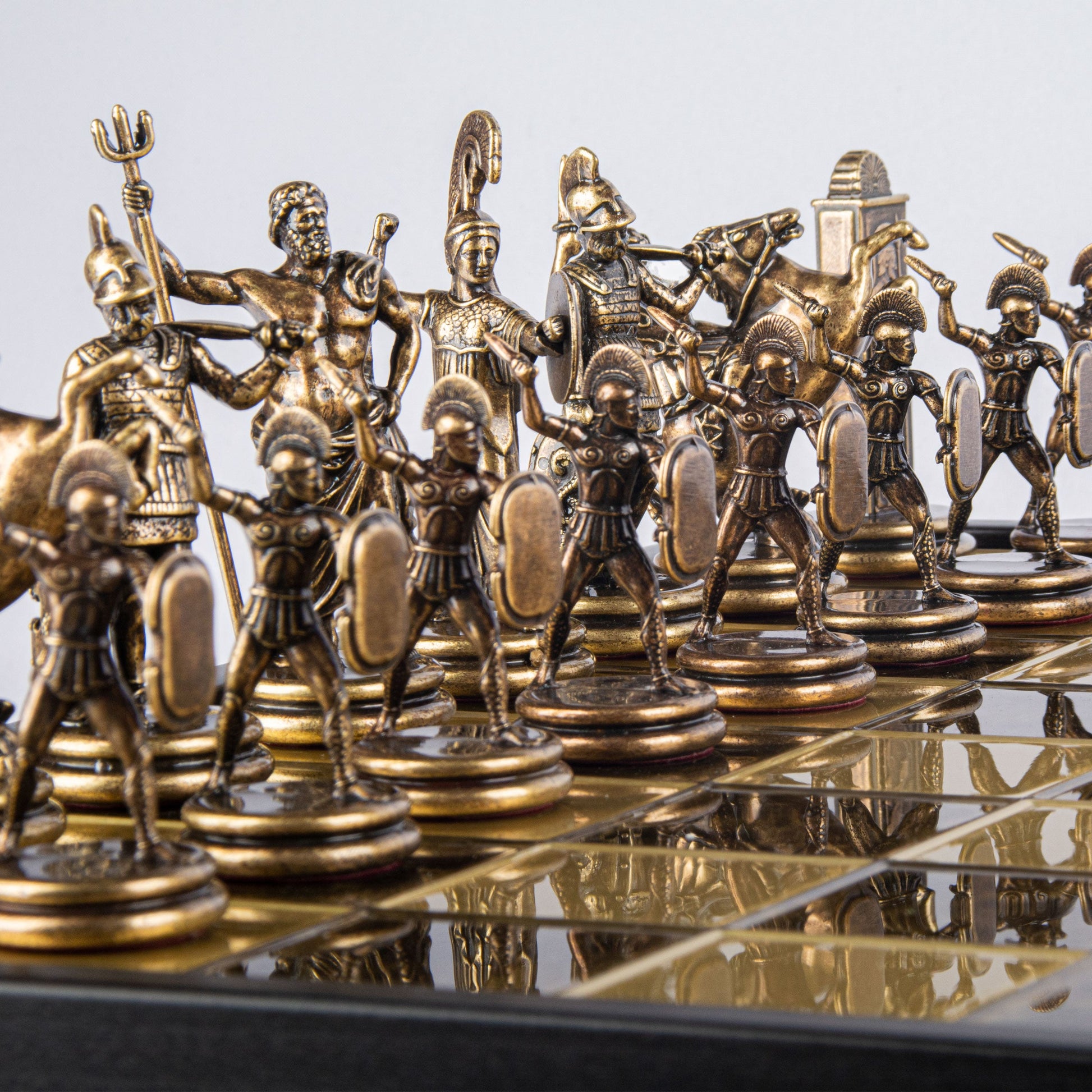 GREEK MYTHOLOGY CHESS SET in wooden box with gold/brown chessmen and bronze chessboard 48 x 48cm (Extra Large) - Premium Chess from MANOPOULOS Chess & Backgammon - Just €469! Shop now at MANOPOULOS Chess & Backgammon