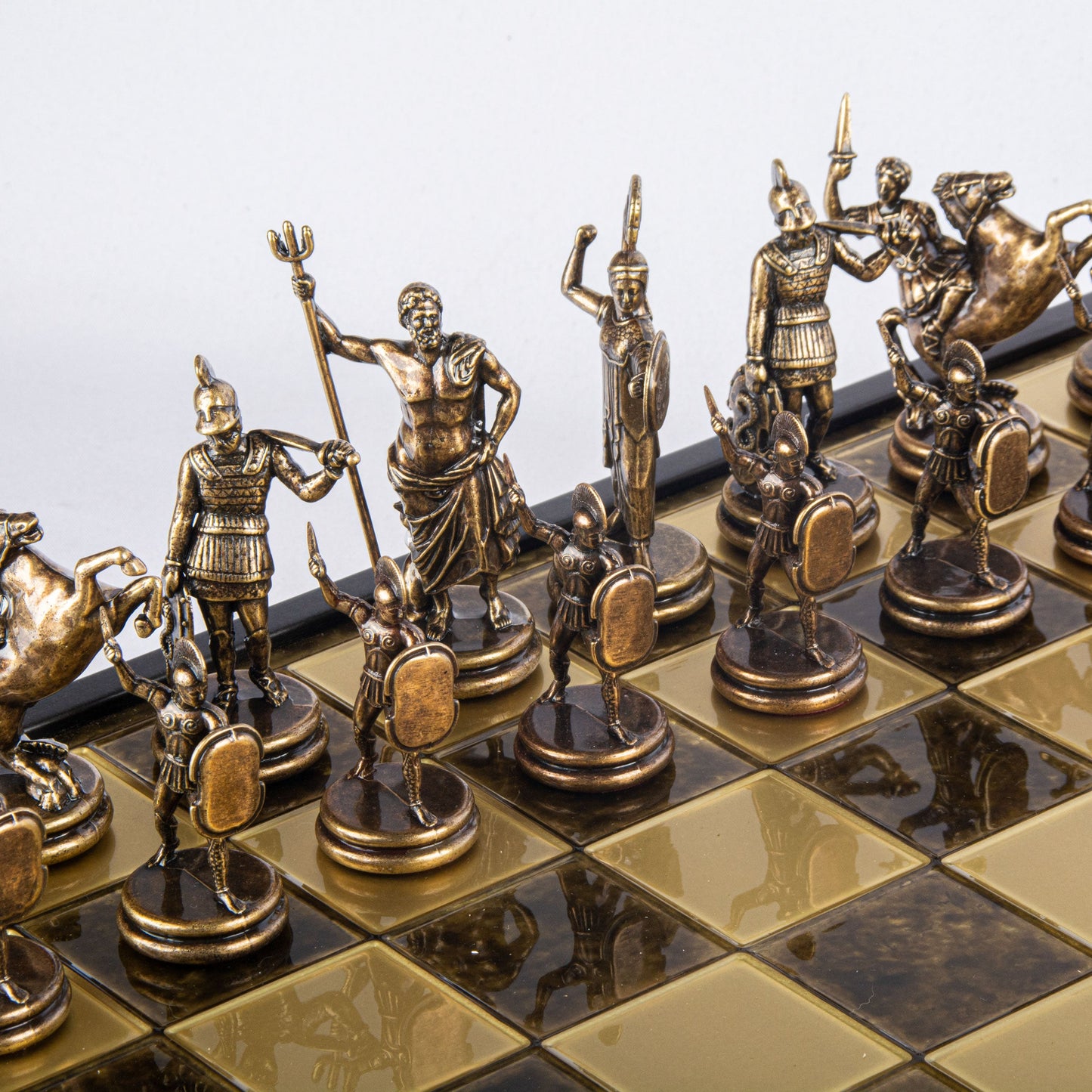 GREEK MYTHOLOGY CHESS SET in wooden box with gold/brown chessmen and bronze chessboard 48 x 48cm (Extra Large) - Premium Chess from MANOPOULOS Chess & Backgammon - Just €469! Shop now at MANOPOULOS Chess & Backgammon