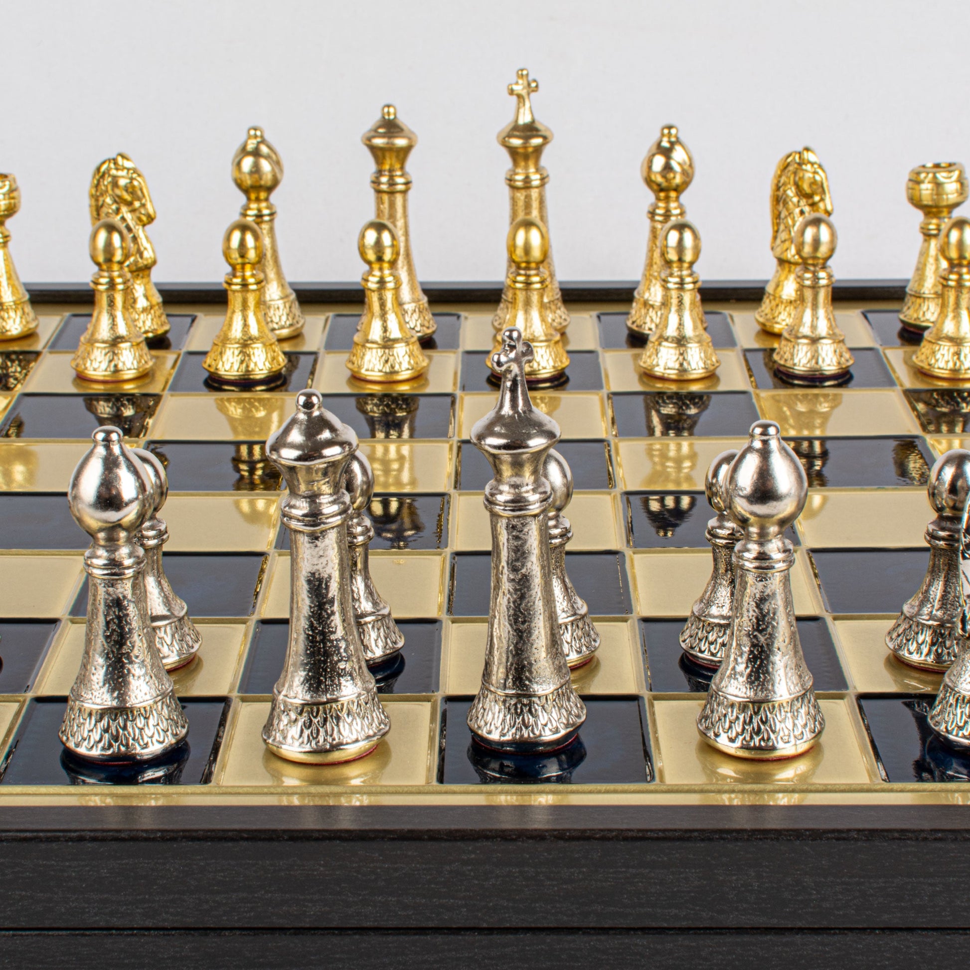 Handcrafted Classic Metal Staunton Chess Set in Wooden Box with Storage - Gold & Silver (Large) - Premium Chess from MANOPOULOS Chess & Backgammon - Just €239! Shop now at MANOPOULOS Chess & Backgammon